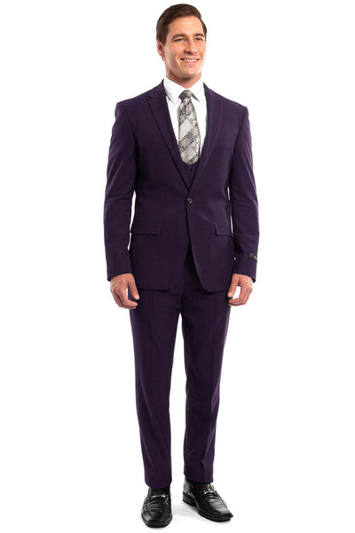 Men's One Button Peak Lapel Skinny Wedding & Prom Suit with Lowcut Vest in Eggplant