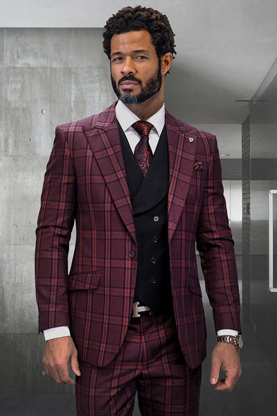 Men's Designer Vested Wide Peak Lapel Houndstooth Plaid Suit in Burgundy