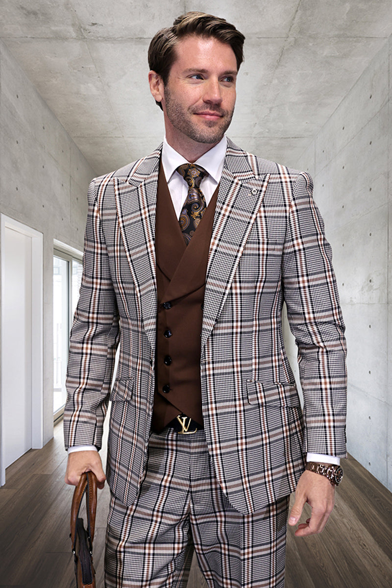 Men's Designer Vested Wide Peak Lapel Houndstooth Plaid Suit in Tan