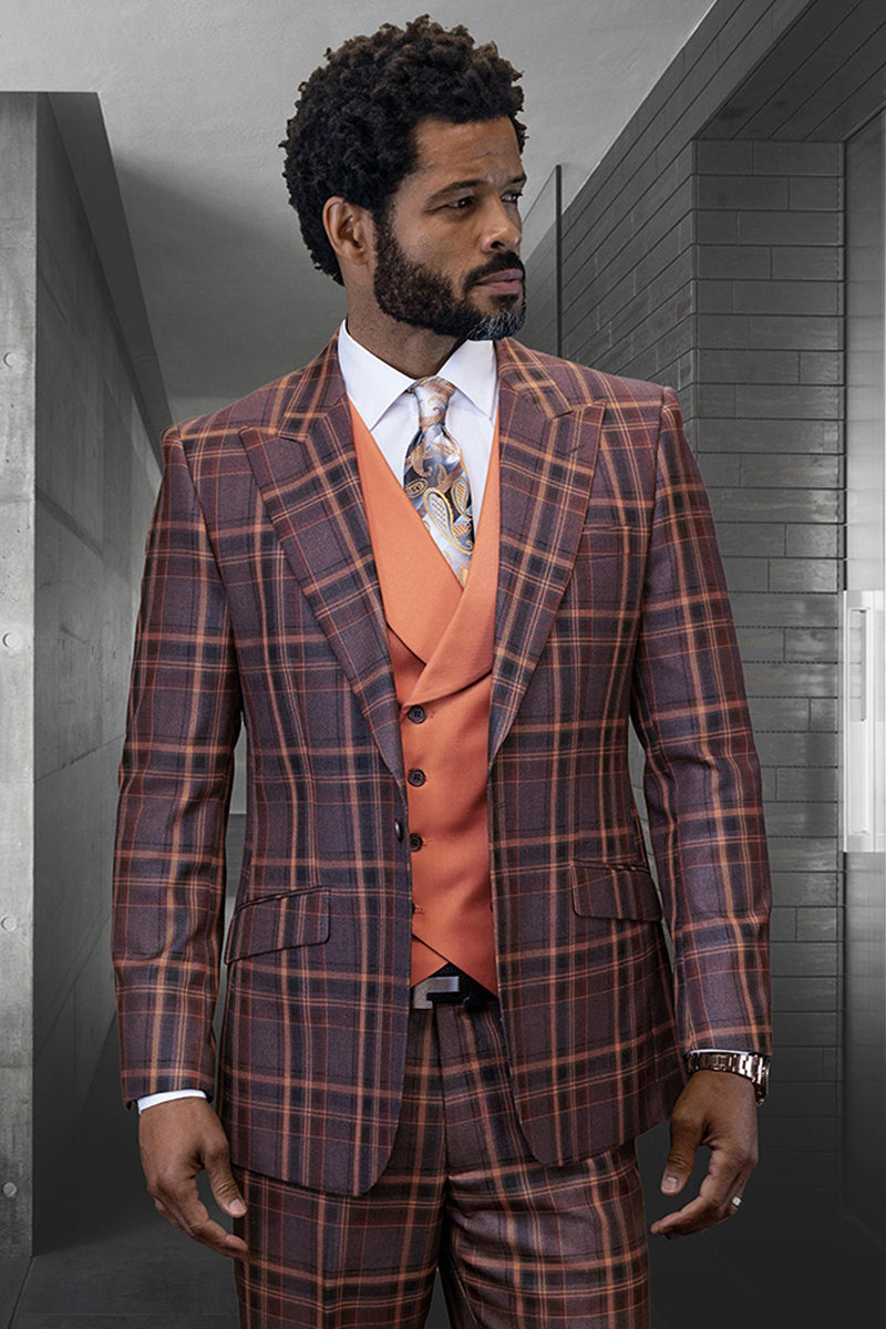 Men's Designer Wool Vested Peak Lapel Suit in Copper Cognac Windowpane Plaid