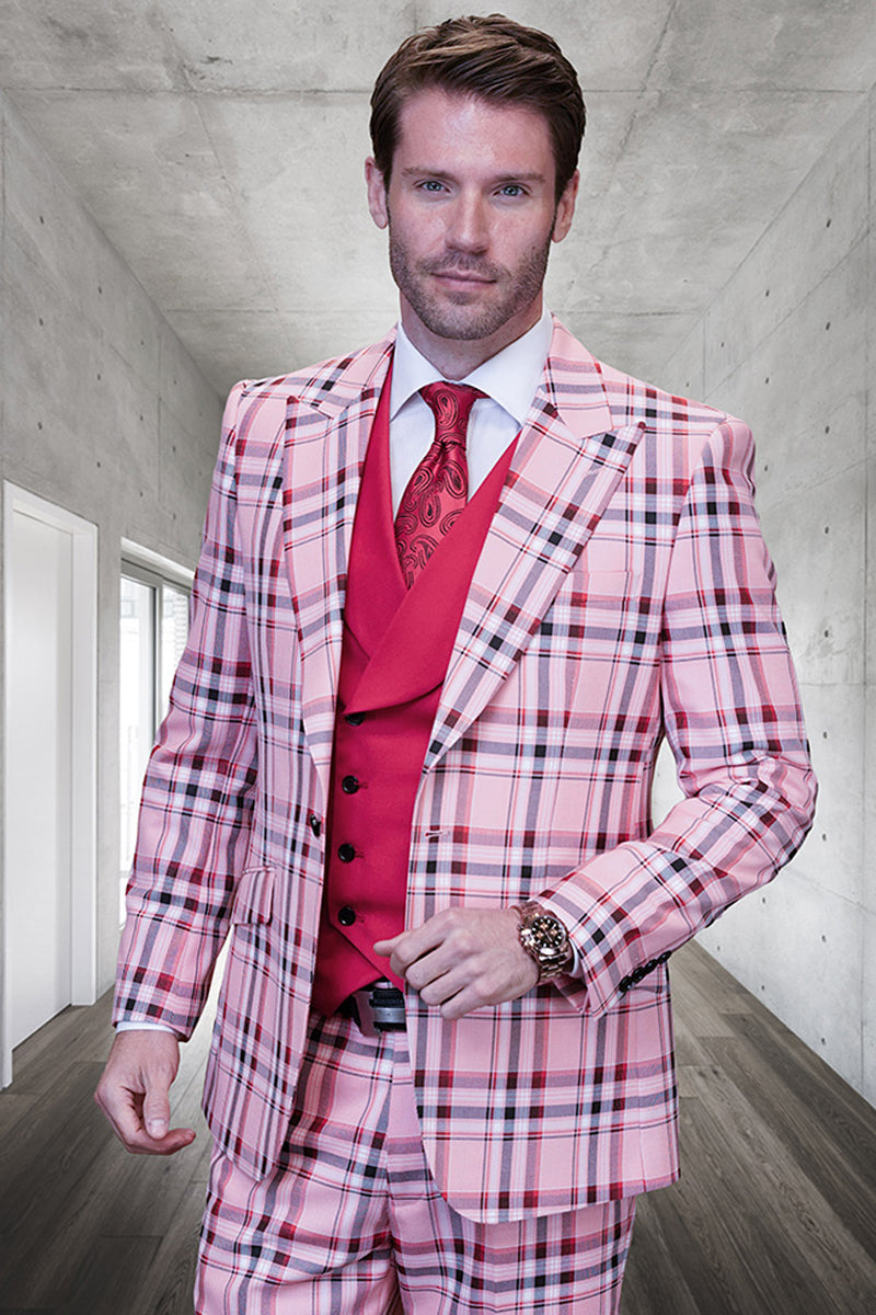 Men's Designer Wool Vested Peak Lapel Suit in Pink Windowpane Plaid ...