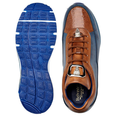 Men's Belvedere Flash Calf & Ostrich Leg Sneaker in Camel & Blue