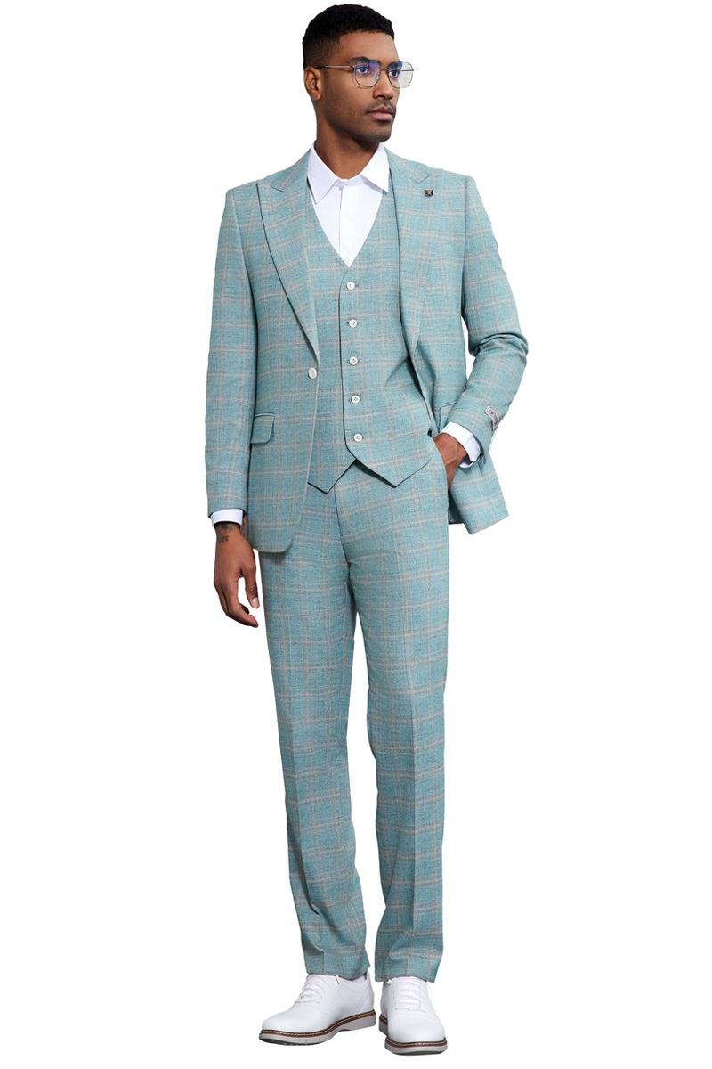 Men's Stacy Adams Vested Peak Lapel Light Turquoise Green Plaid Prom & –  SignatureMenswear
