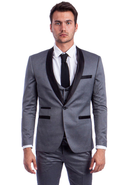 Men's One Button Low Cut Vested Shawl Tuxedo in Grey