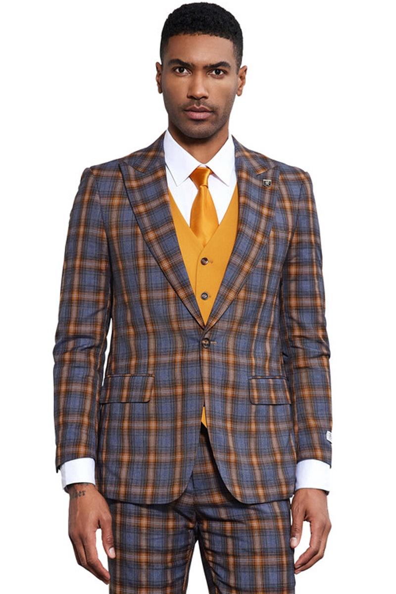 Men's Stacy Adams Bold Windowpane Plaid Print Vested Suit in Grey & Gold