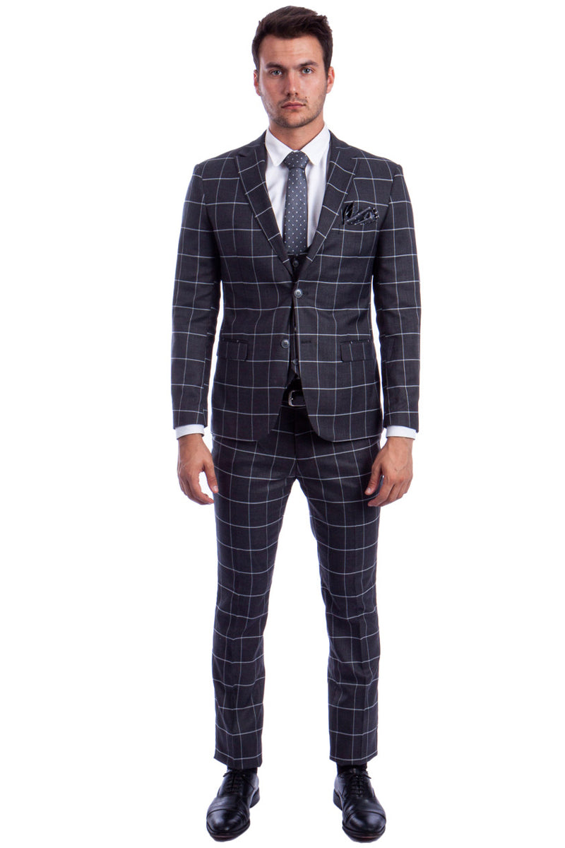 Men's Two Button Vested Slim Fit Suit in Bold Grey & White Windowpane Plaid