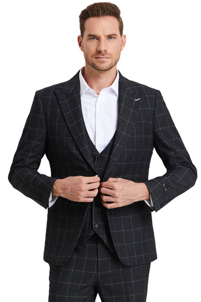 Men's One Button Peak Lapel Vested Bold Chalk Windowpane Plaid Suit in Black