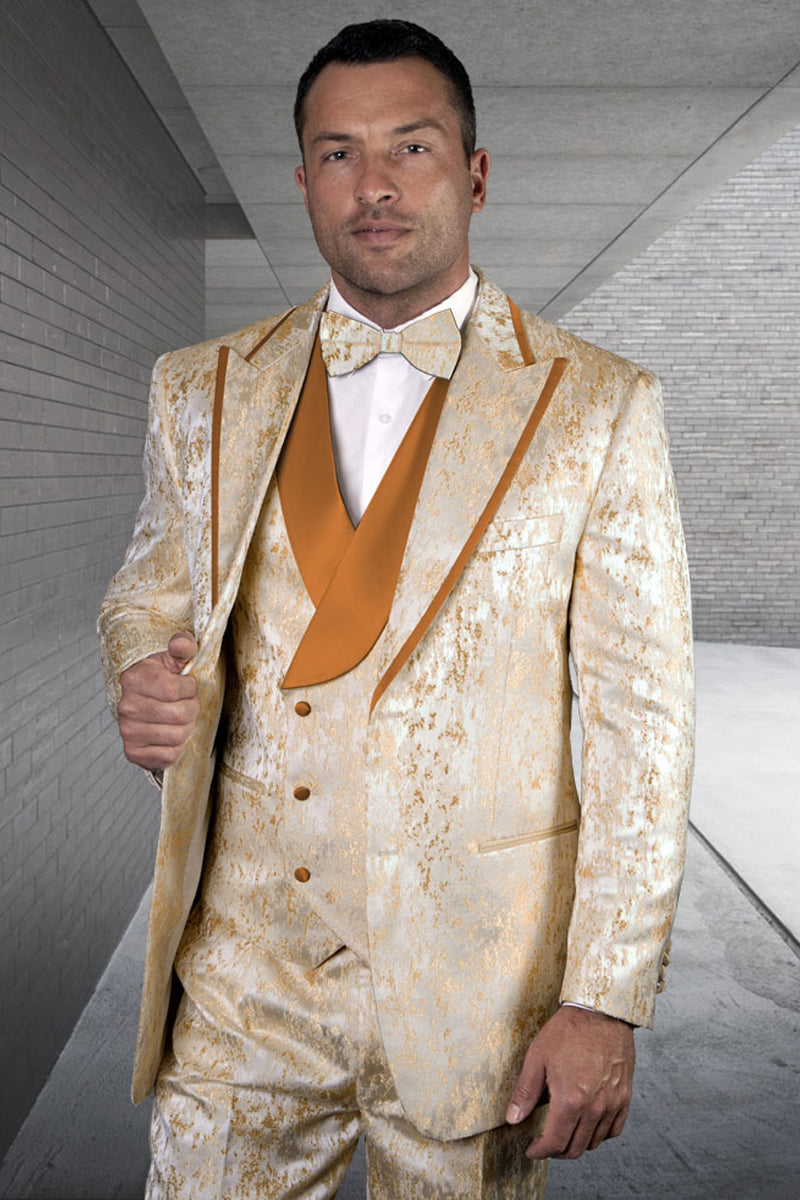 Men's Designer Two Button Satin Floral Print Wedding & Prom Tuxedo with Satin Trim in Orange Brick