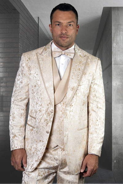 Men's Designer Two Button Satin Floral Print Wedding & Prom Tuxedo with Satin Trim in Ivory Off White