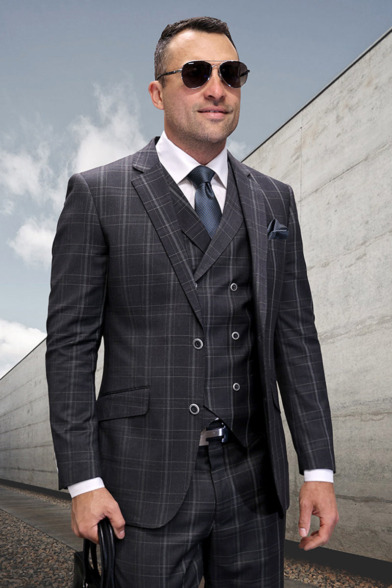 Men's Designer Two Button Wool Vested Suit in Charcoal Grey Windowpane Plaid