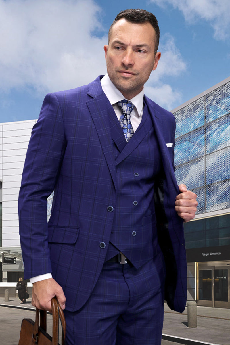 Men's Designer Two Button Wool Vested Suit in Cobalt Blue Windowpane Plaid