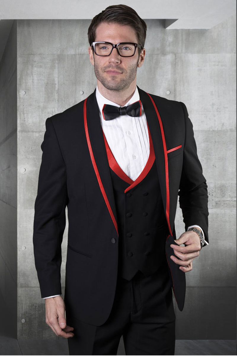 Men's Vested Shawl Tuxedo in Black with Red Satin Trim