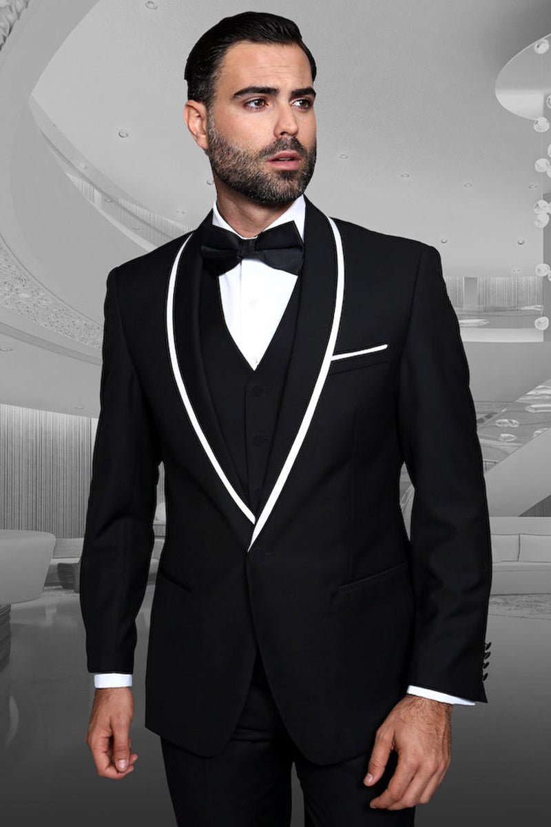 Men's Designer Vested Satin Trim Shawl Wedding & Prom Tuxedo in Black