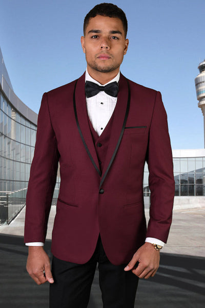 Men's Designer Vested Satin Trim Shawl Wedding & Prom Tuxedo in Burgundy