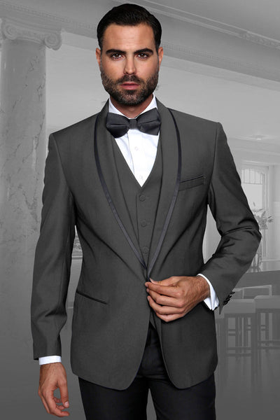 Men's Designer Vested Satin Trim Shawl Wedding & Prom Tuxedo in Charcoal Grey