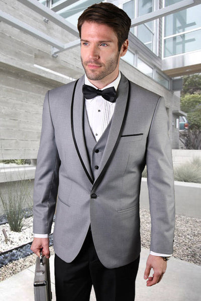 Men's Designer Vested Satin Trim Shawl Wedding & Prom Tuxedo in Grey