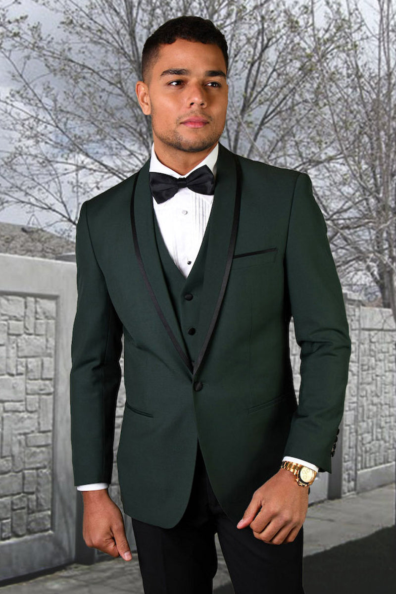 Men's Designer Vested Satin Trim Shawl Wedding & Prom Tuxedo in Hunter Green