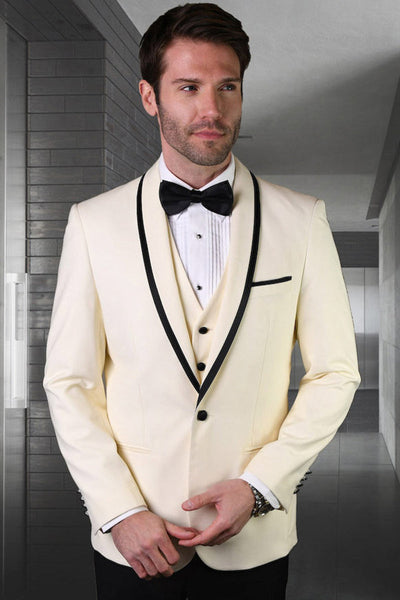 Men's Designer Vested Satin Trim Shawl Wedding & Prom Tuxedo in Ivory Off White