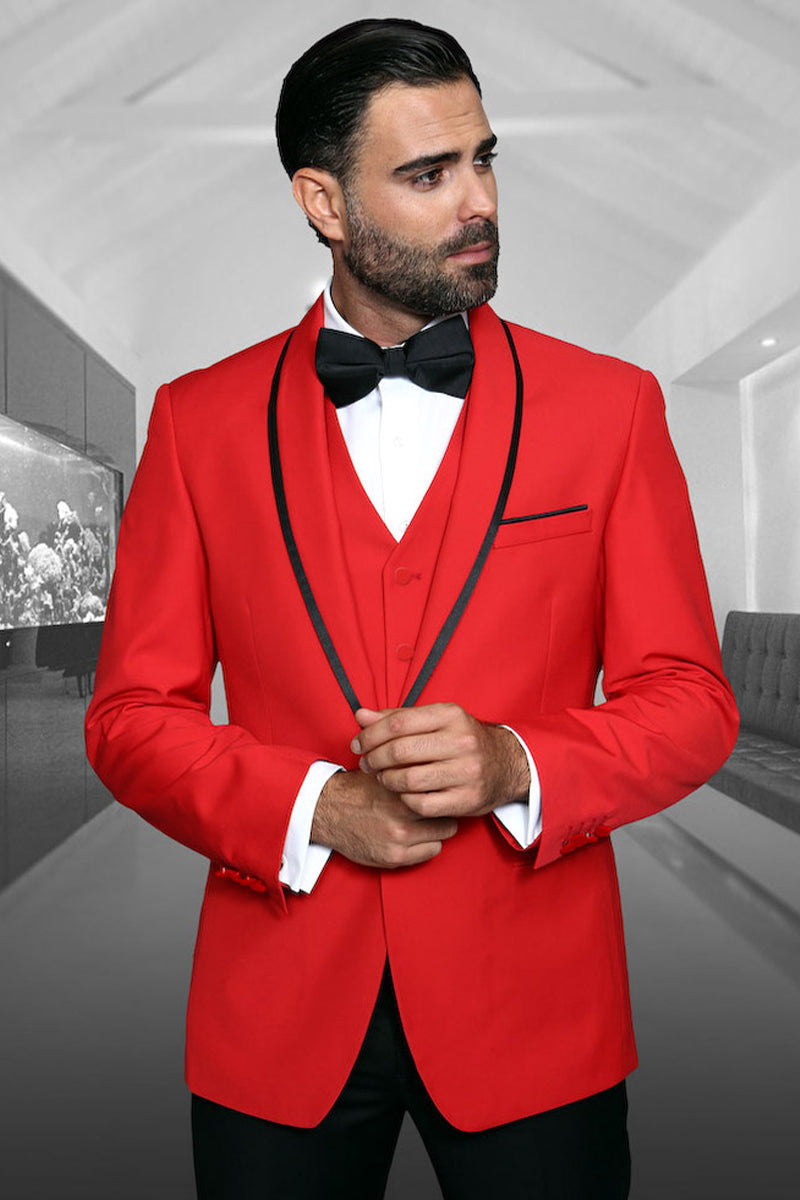 Mens Wool One Button Modern Fit Vested Shawl Prom Tuxedo in Red Red Tuxedos for Prom main image 0