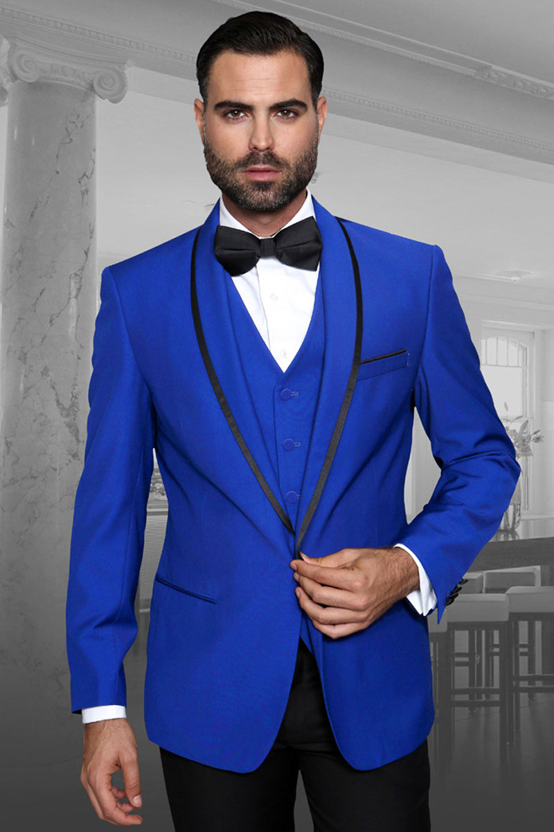 Men's Designer Vested Satin Trim Shawl Wedding & Prom Tuxedo in Royal Blue