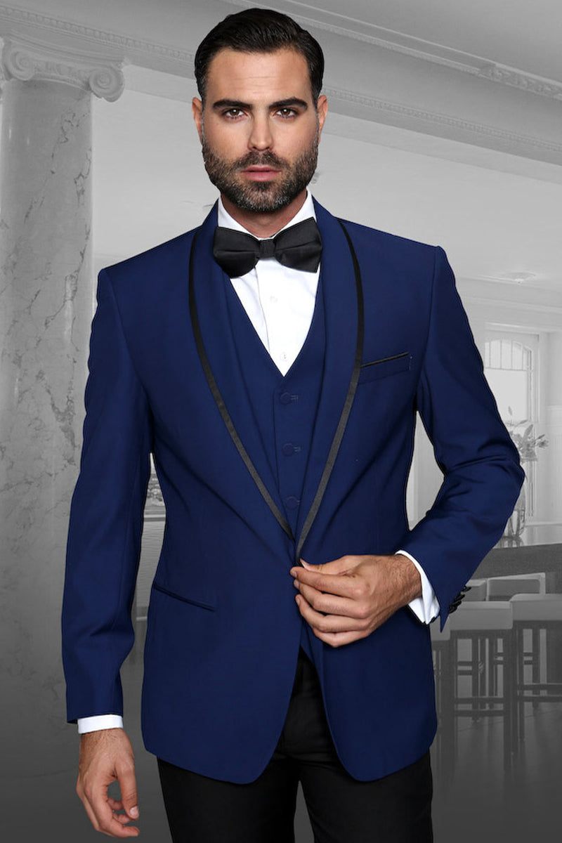 Men's Designer Vested Satin Trim Shawl Wedding & Prom Tuxedo in Sapphire