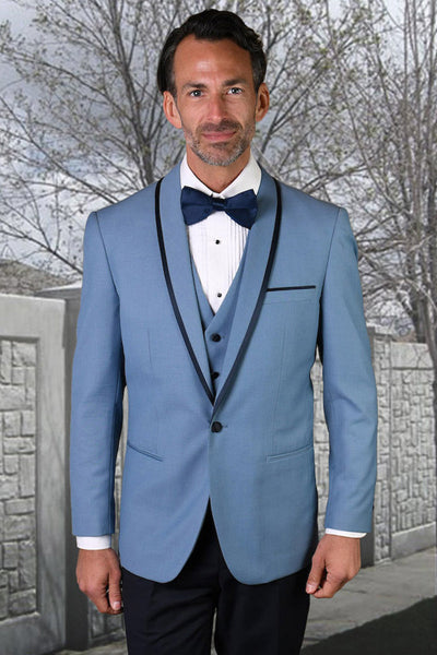 Men's Designer Vested Satin Trim Shawl Wedding & Prom Tuxedo in Steel Blue