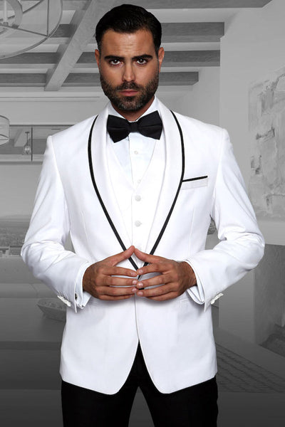 Men's Designer Vested Satin Trim Shawl Wedding & Prom Tuxedo in White