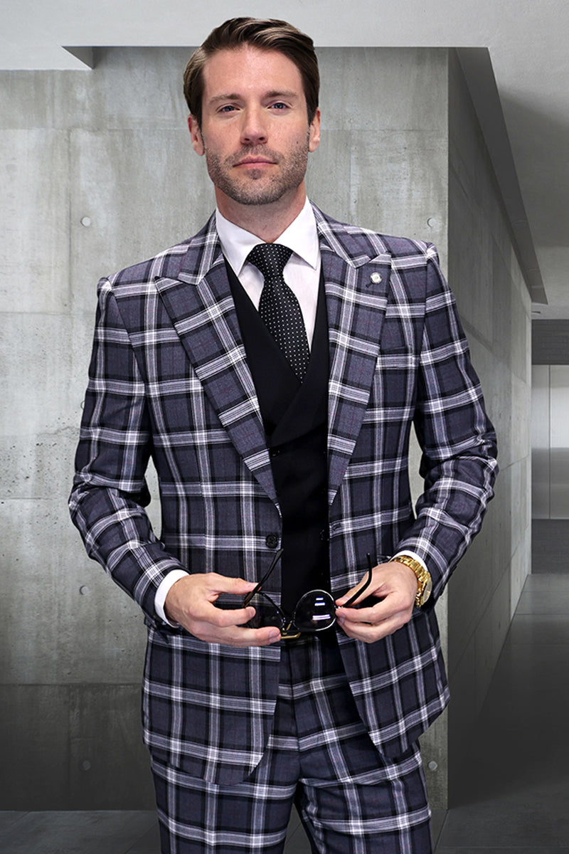 Men's One Button Wide Peak Lapel Vested Designer Wool Bold Windowpane Plaid Suit in Grey