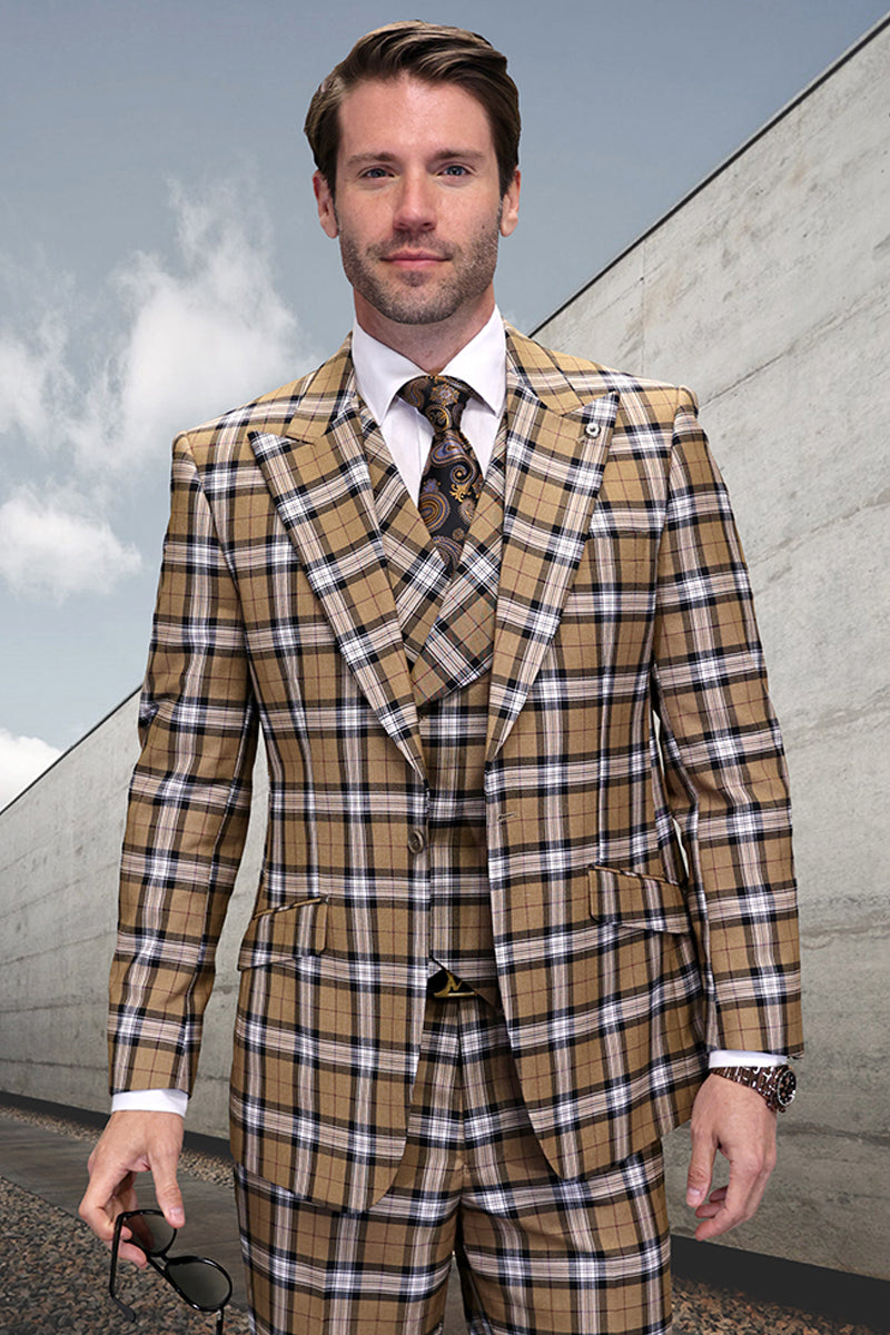 Men's One Button Wide Peak Lapel Vested Designer Wool Bold Windowpane Plaid Suit in Tan