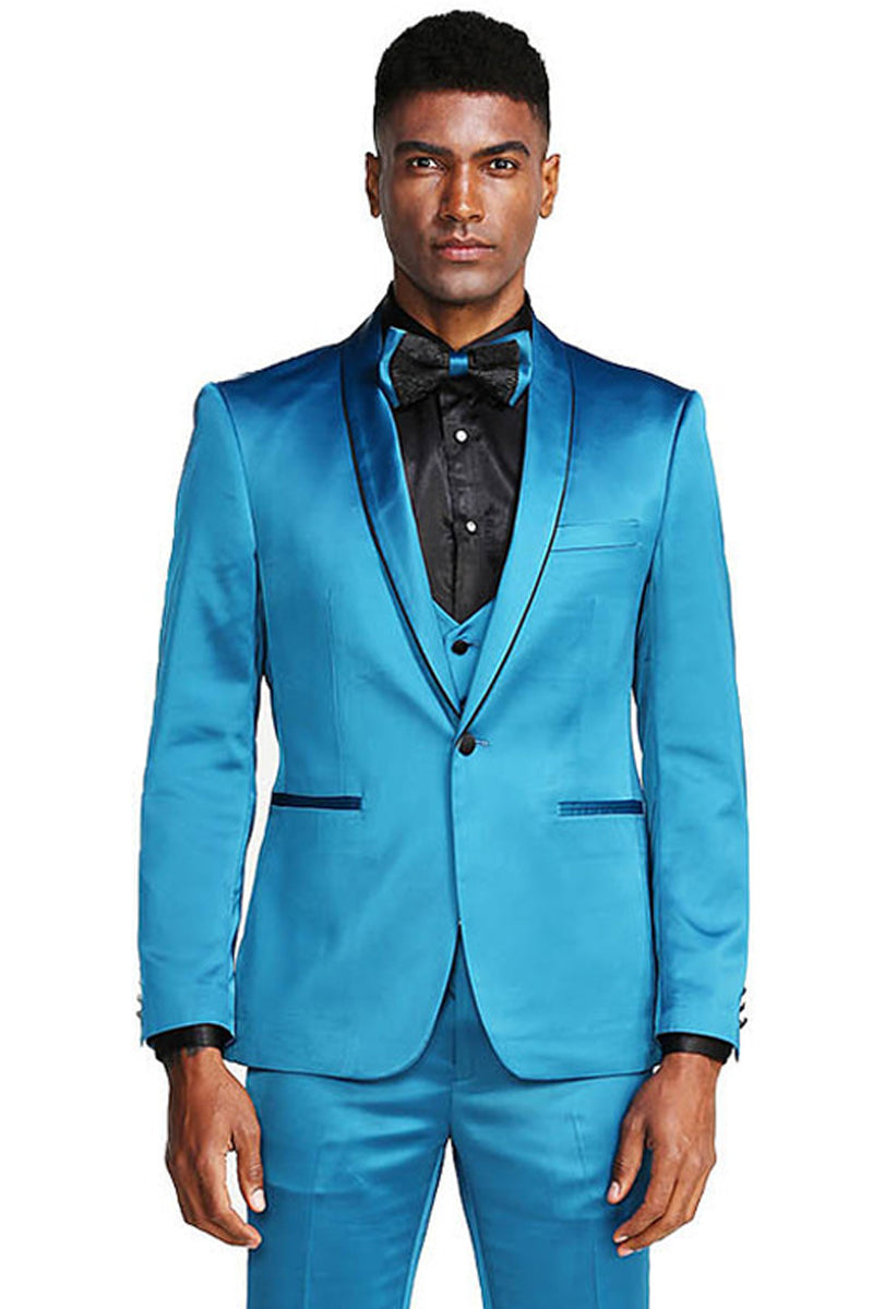 Men's Slim Fit Vested Shiny Satin Prom & Wedding Tuxedo Suit in Turquoise