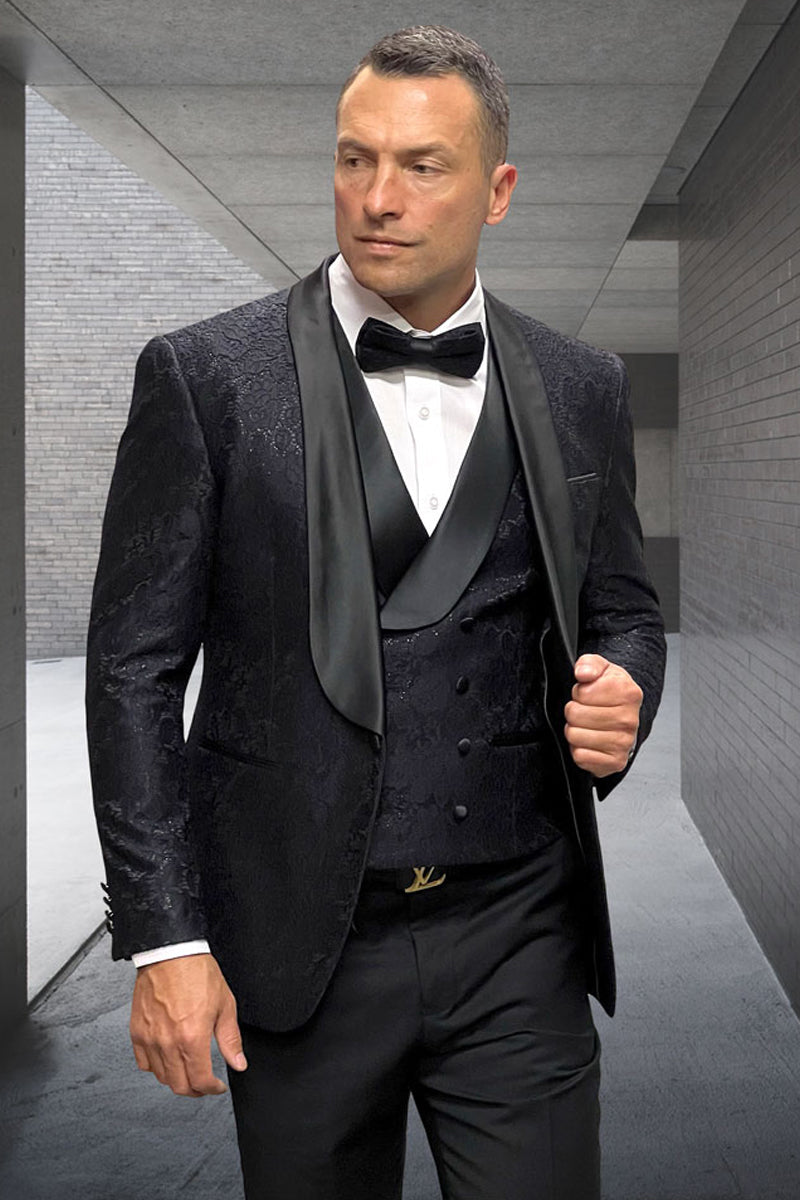 Men's Designer Vested Floral Lace Wedding Tuxedo in Black