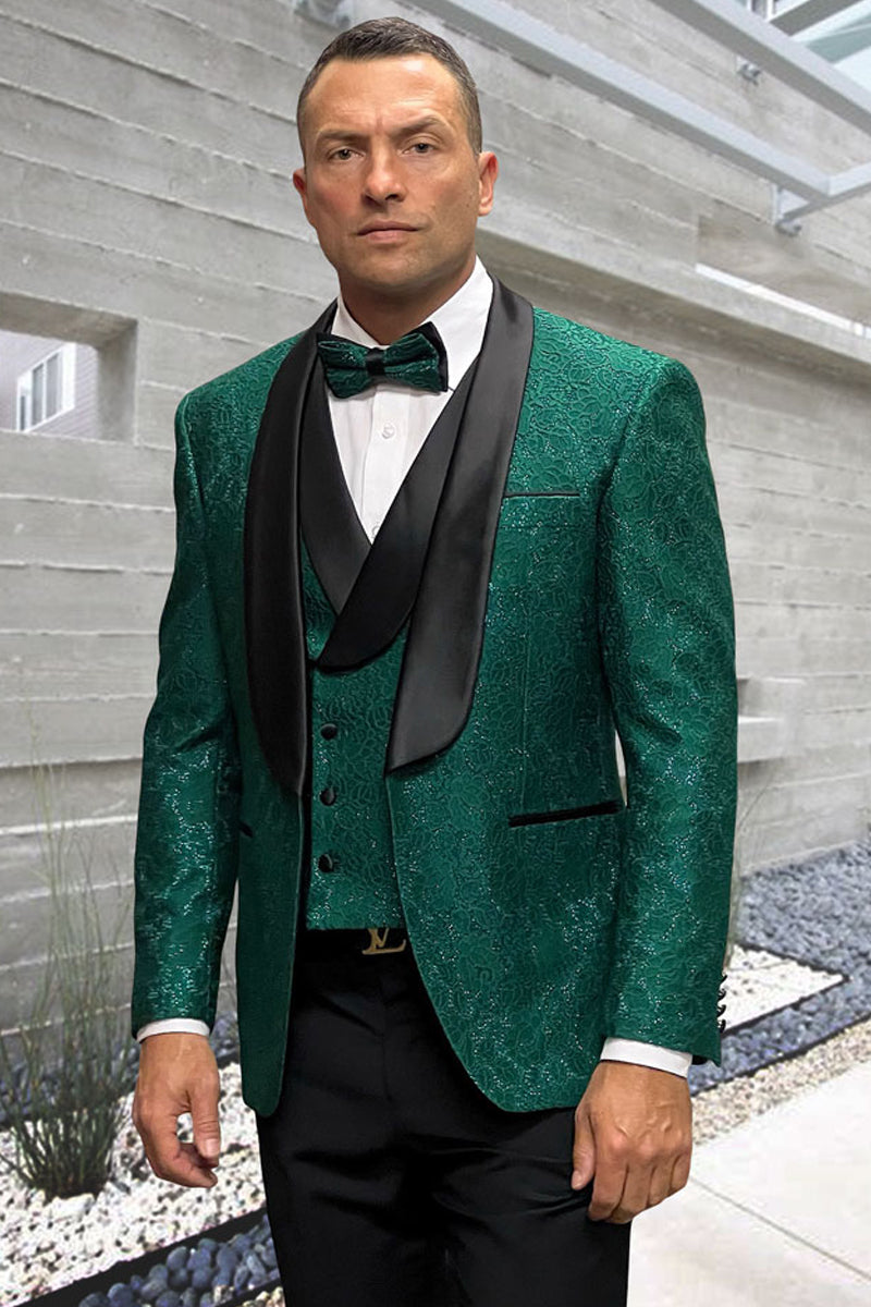 Men's Designer Vested Floral Lace Wedding Tuxedo in Hunter Green