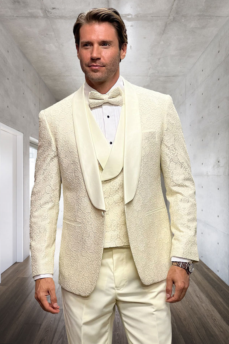 Men's Designer Vested Floral Lace Wedding Tuxedo in Ivory