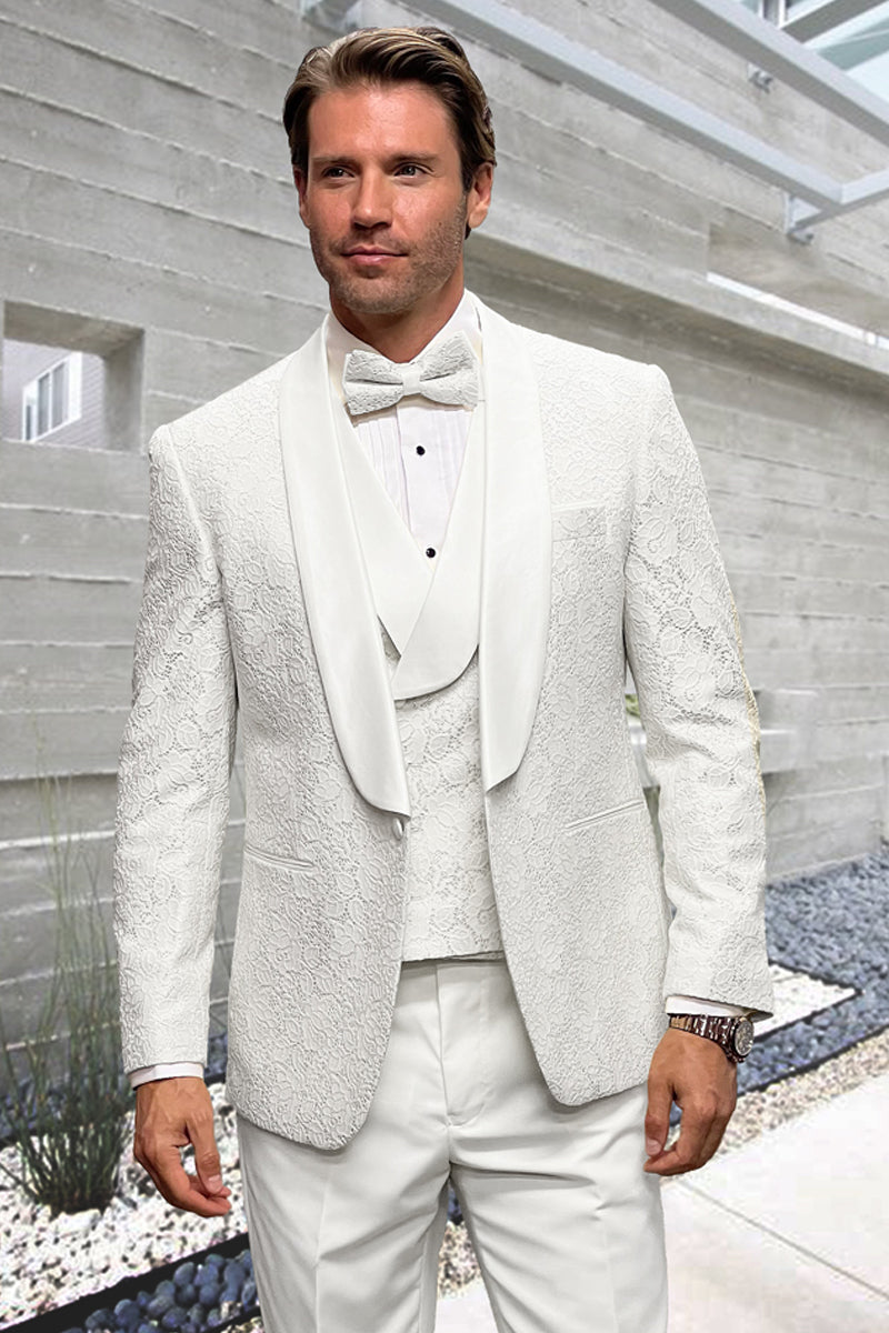 Men's Designer Vested Floral Lace Wedding Tuxedo in White