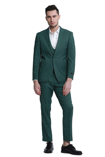 Men's One Button Double Breasted Vest Slim Fit Sharkskin Wedding Suit in Hunter Green