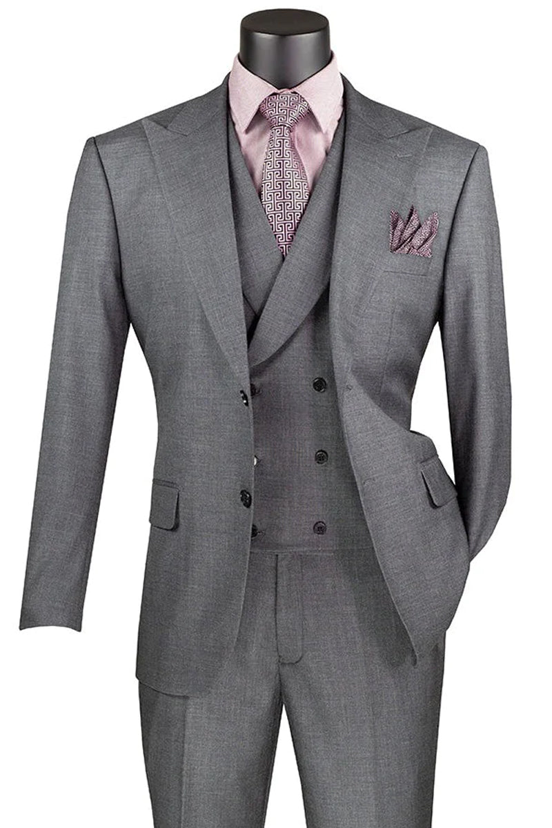 Men's Summer Sharkskin Suit with Double Breasted Vest in Charcoal Grey ...