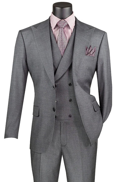 Men's Summer Sharkskin Suit with Double Breasted Vest in Charcoal Grey
