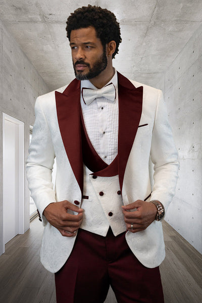 Men's Designer Vested Contrast Peak Lapel Wool Wedding & Prom Tuxedo in White Paisley & Burgundy