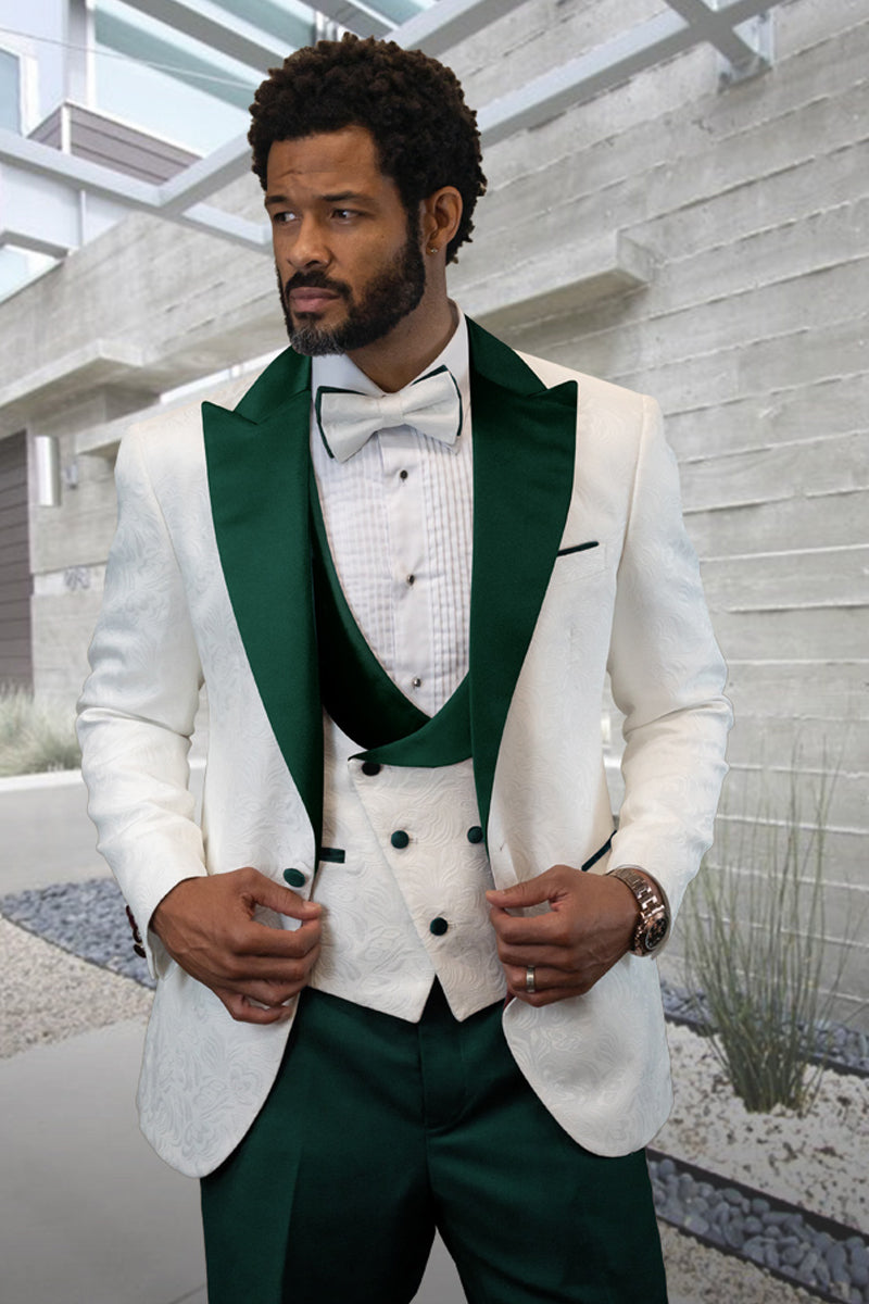 Men's Designer Vested Contrast Peak Lapel Wool Wedding & Prom Tuxedo in White Paisley & Hunter