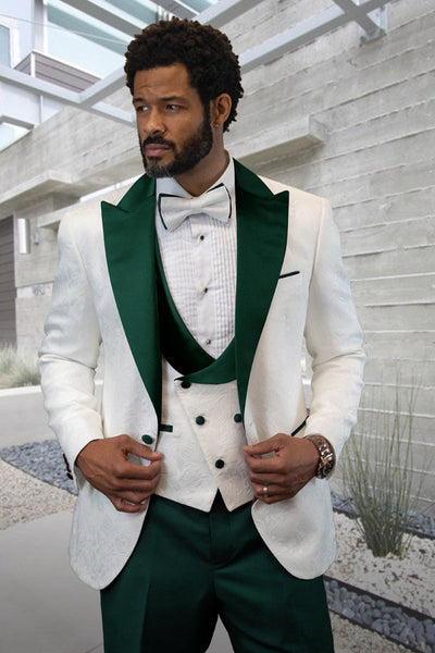 Men's Designer Vested Contrast Peak Lapel Wool Wedding & Prom Tuxedo in White Paisley & Hunter