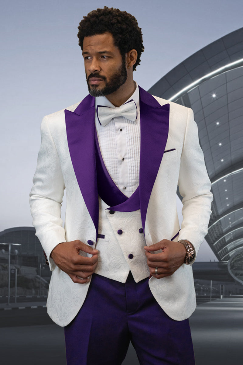 Men's Designer Vested Contrast Peak Lapel Wool Wedding & Prom Tuxedo in White Paisley & Purple