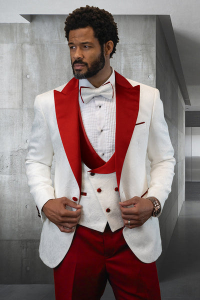 Men's Designer Vested Contrast Peak Lapel Wool Wedding & Prom Tuxedo in White Paisley & Red