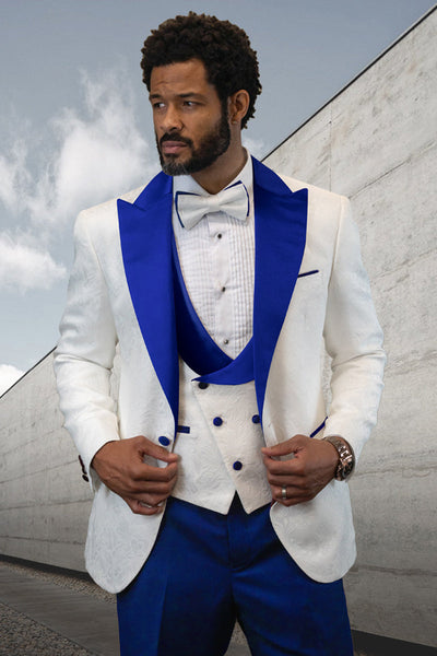 Men's Designer Vested Contrast Peak Lapel Wool Wedding & Prom Tuxedo in White Paisley & Royal Blue