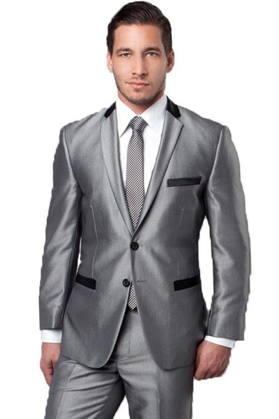 Men's Two Button Slim Fit Shiny Sharkskin Suit in Silver Grey with Contrast Collar and Trim