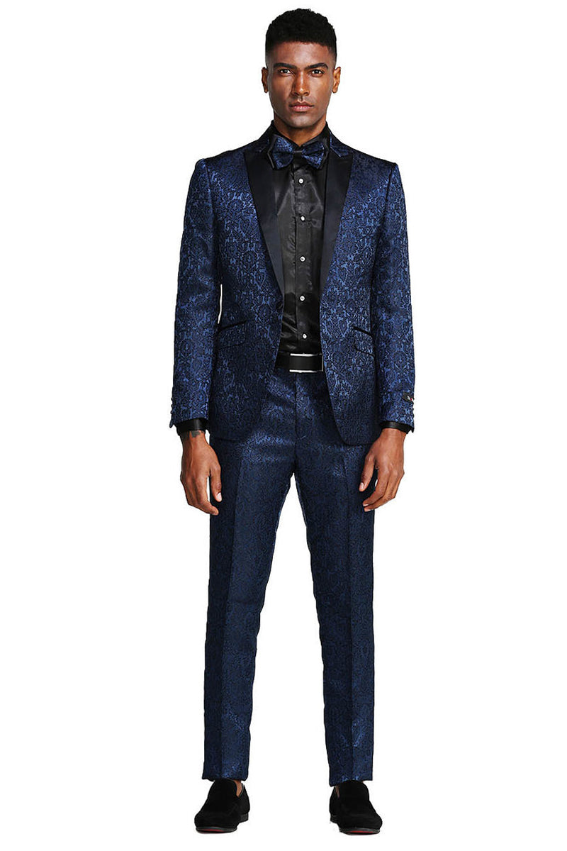 Men's One Button Slim Fit Paisley Wedding & Prom Tuxedo in Navy Blue –  SignatureMenswear