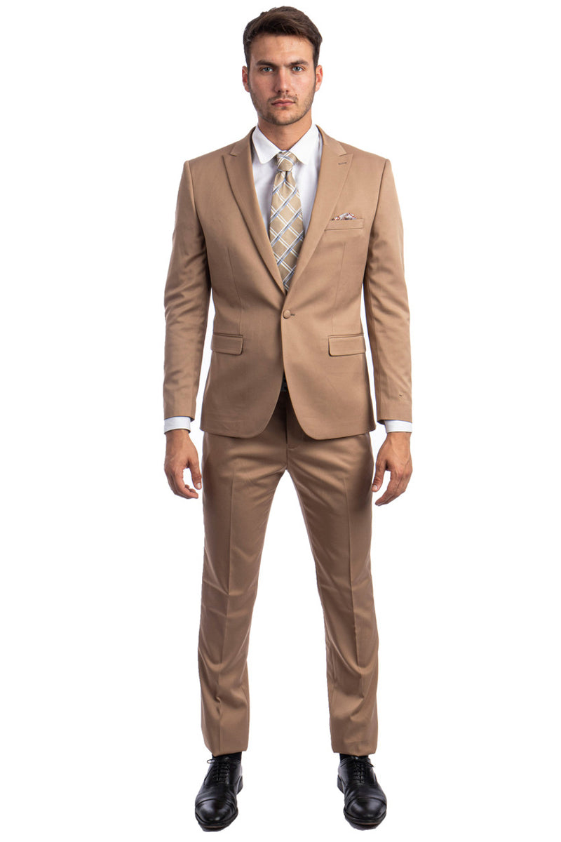 Men's One Button Peak Lapel Basic Slim Fit Suit in Dark Taupe