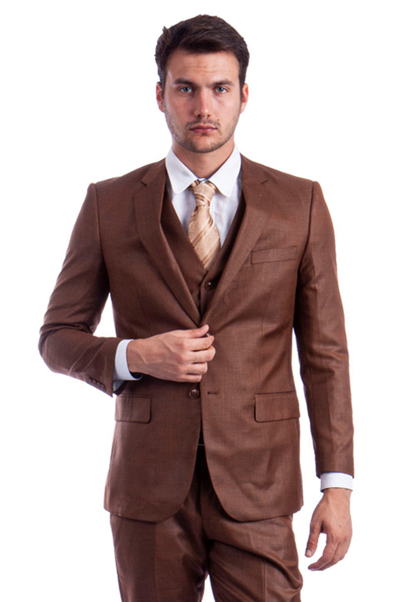 Men's Two Button Hybrid Fit Vested Sharkskin Wedding & Business Suit in Cognac