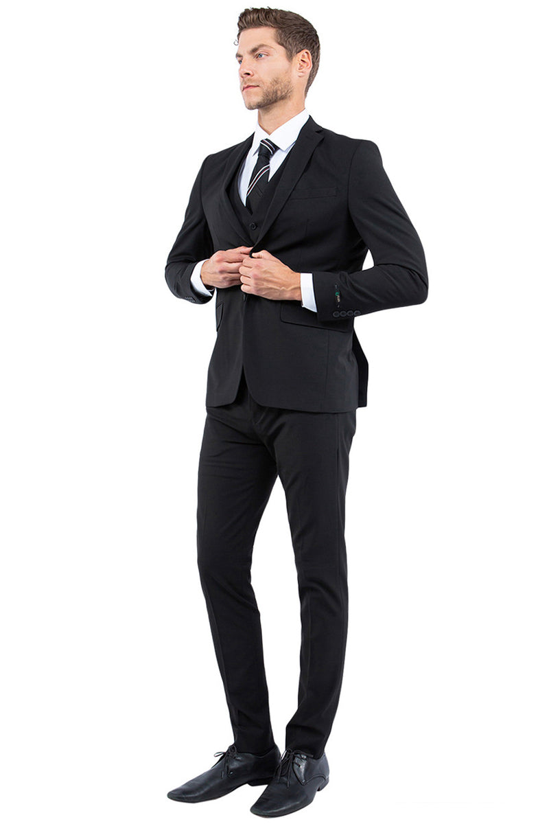 Men's One Button Vested Slim Fit Business & Wedding Suit in Black