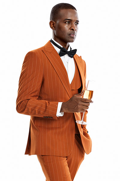 Men's One Button Vested Wide Peak Lapel Bold Gangster Pinstripe Suit in Orange Rust