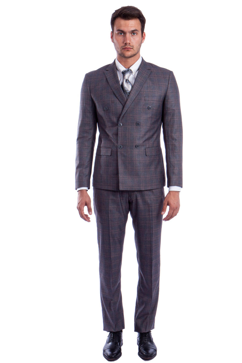 Men's Slim Fit Double Breasted Glen Plaid Suit in Charcoal Grey